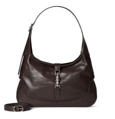 Gucci Jackie 1961 Medium Shoulder Bag Dark Brown Grain Leather Silver Piston Hardware Hobo Bag