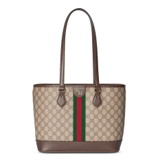 Gucci Ophidia Medium Tote Bag GG Supreme Canvas Web Stripe Brown Leather Trim Women Shoulder Bag