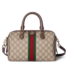 Gucci Ophidia Medium Boston Bag GG Supreme Canvas Web Stripe Brown Leather Trim Top Handle Crossbody Bag