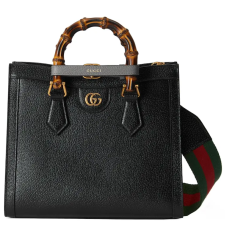 Gucci Diana Medium Bamboo Tote Bag Black Grain Leather Gold Double G Hardware Web Shoulder Strap