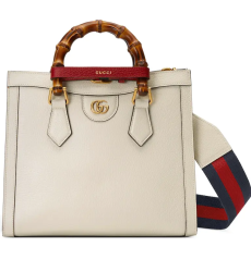 Gucci Diana Medium Bamboo Tote Bag White Grain Leather Gold Double G Hardware 2 Detachable Straps