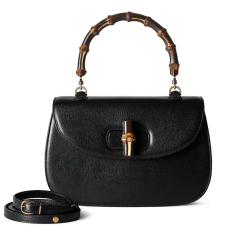 Gucci Bamboo 1947 Medium Handbag Black Grain Leather Natural Bamboo Handle Flap Shoulder Bag