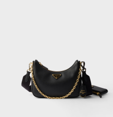 Prada Re-Edition 2005 Shoulder Bag Black Saffiano Leather Triangle Logo Hobo with Chain & Wide Strap