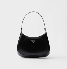 Prada Cleo Shoulder Bag Black Brushed Leather Triangle Logo Hobo Handbag