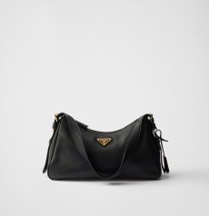 Prada Aimée Medium Shoulder Bag Black Smooth Leather Triangle Logo Hobo Handbag