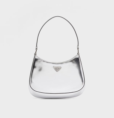 PRADA プラダ Cleo クレオ シルバーメタリックレザー 三角メタルロゴ ホーボーショルダー