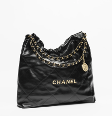 CHANEL シャネル 22 ミディアム ブラック 光沢カーフレザー ダイヤキルト ゴールド金具 チェーントート