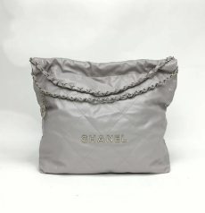 CHANEL シャネル 22 ミディアム バッグ グレー カーフスキン シルバー金具 チェーントート